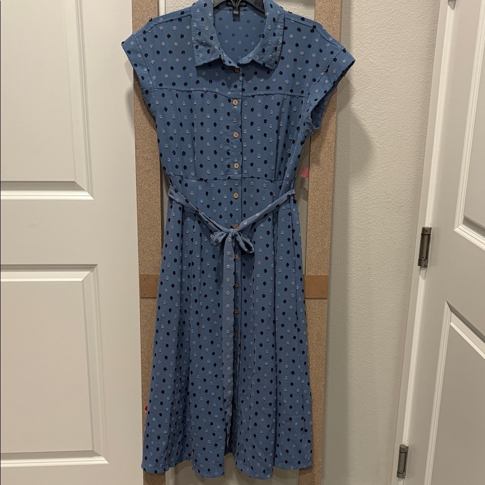 Nina Leonard Denim Blue Midi Dress with Dots